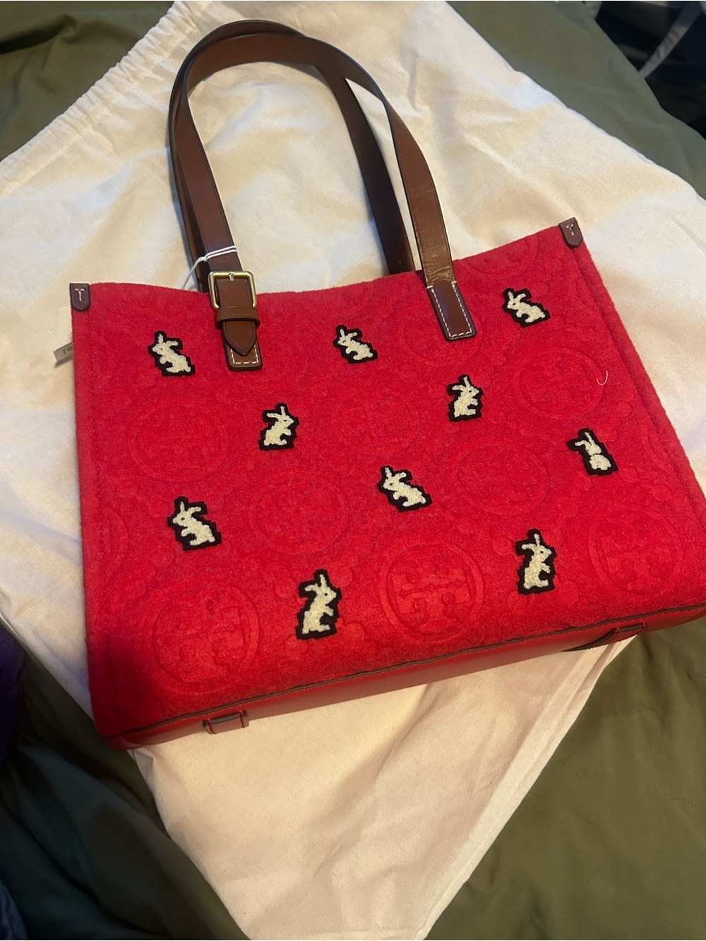 Tory Burch Red Tote Bag with Bunny Embroidery - Leather Handles